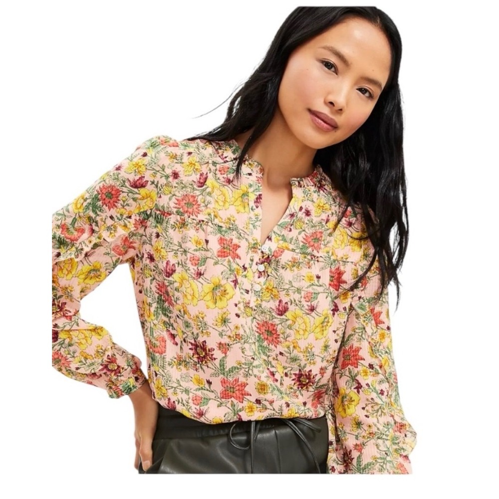 LOFT Floral Blouse Size M Pink Yellow Excellent Ruffle Neck Long Sleeve Top